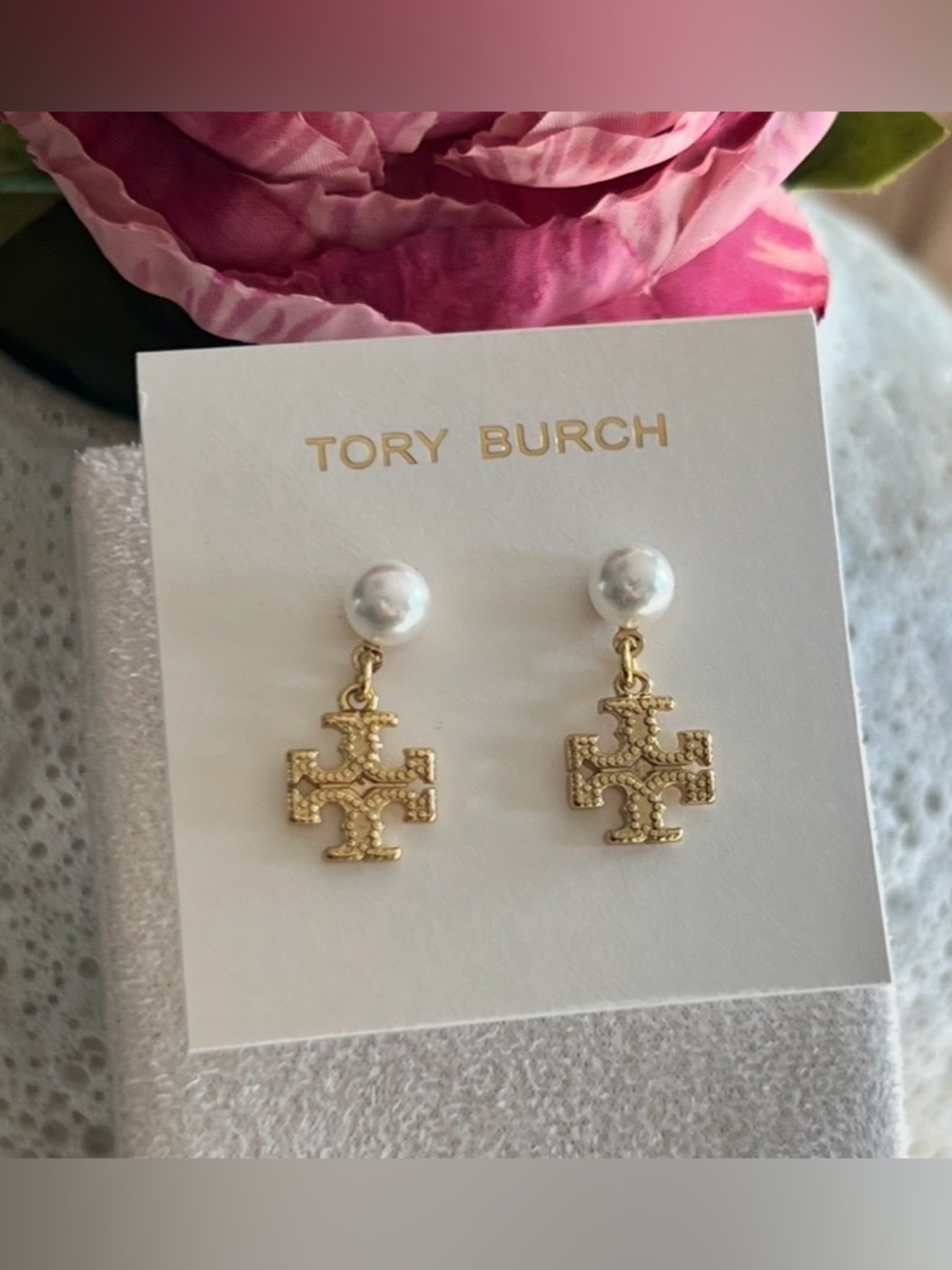 Tory Burch Gold-Tone Logo Drop Earrings with Pearl Studs